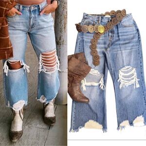 CEROS Vtg Blue Ripped Denim High Rise Frayed Cropped Jeans SZ 31 Straight Wide